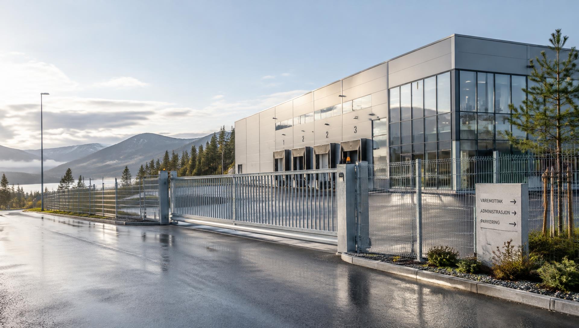 Moderne logistikkbygg med automatisk skyveport og panelgjerde